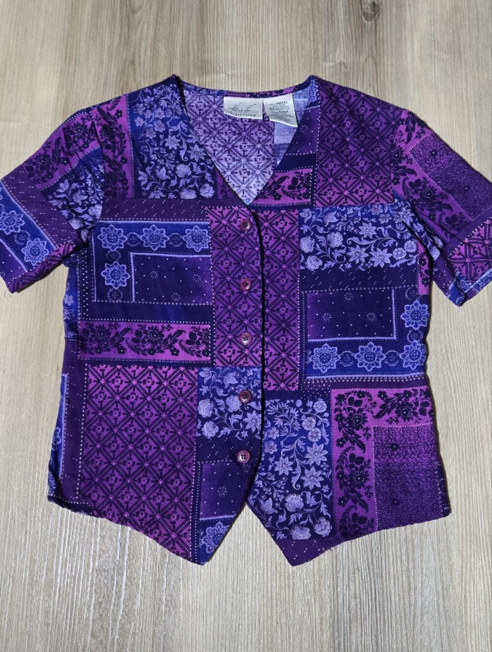 Vintage Kathie Lee Collection Purple Patchwork Button-Up Blouse